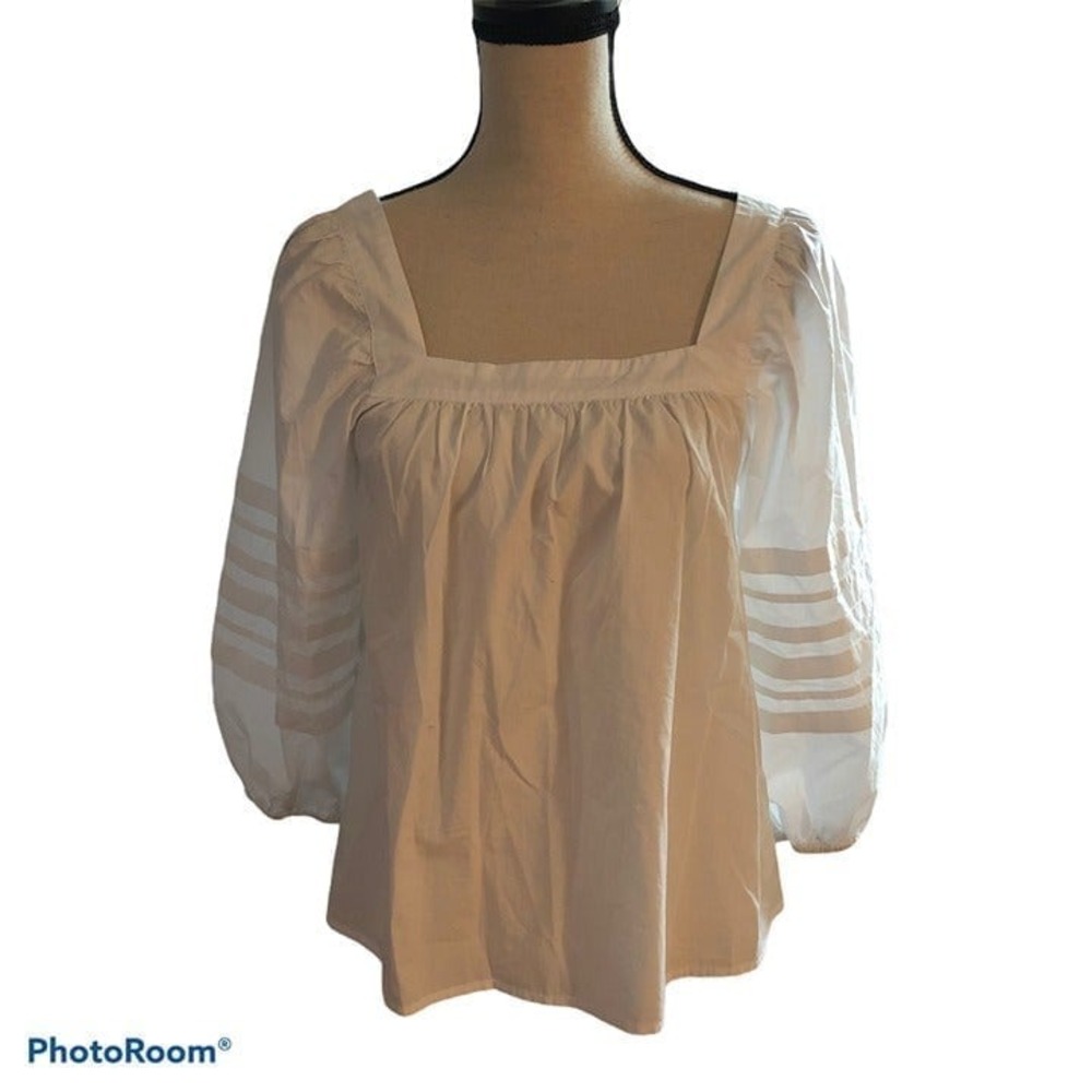 Madewell White Square Neck Puff Sleeve Blouse Sheer Stripe Cotton Top Small